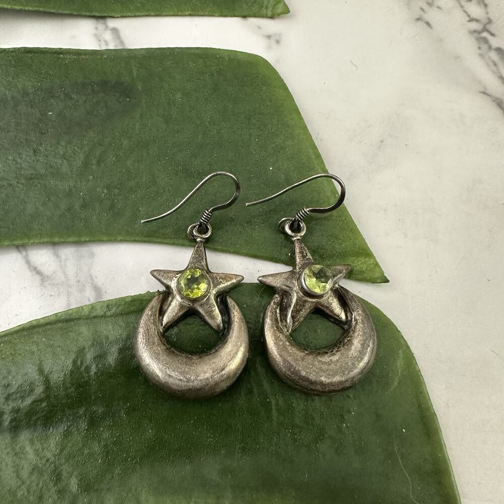 Vintage 90s Sterling Silver 925 Earrings Moon Stars Green Stone Celestial Dangle
